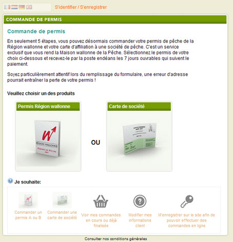 Page d'accueil - Commande en ligne du permis de pêche régional Capture d'écran de la page d'accueil du site de commande en ligne du permis de pêche régional