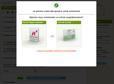 Choix de commander un article supplémentaire ou de finaliser la commande du permis de pêche Commande du permis de pêche de la Région wallonne - Poursuite de la commande ou commande d'articles supplémentaires