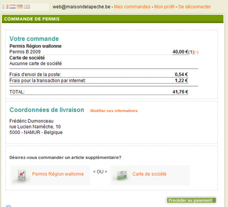 Récapitulatif de la commande Récapitulatif de la commande de permis de pêche/carte d'affiliation à une société de pêche